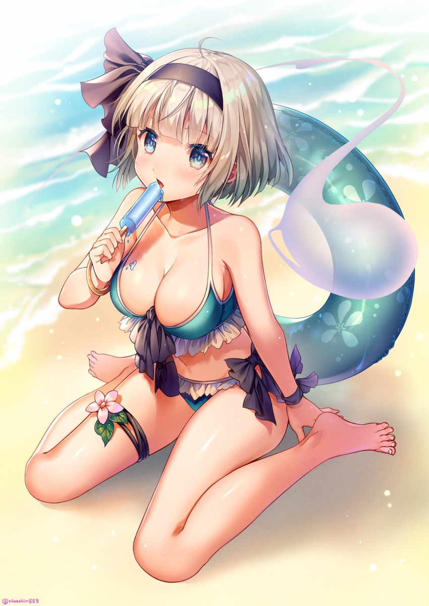 1girl ahoge aqua_bikini bangs bare_arms bare_legs bare_shoulders barefoot beach bikini black_hairband black_ribbon blue_eyes blue_ribbon blush bracelet breasts collarbone commentary_request eyebrows_visible_through_hair flower food frilled_bikini frills from_above full_body hair_ribbon hairband halterneck highres hitodama holding holding_food innertube jewelry konpaku_youmu konpaku_youmu_(ghost) large_breasts leaf looking_at_viewer navel niwashi_(yuyu) ocean open_mouth pink_flower popsicle ribbon shadow short_hair sidelocks silver_hair sitting solo stomach swimsuit thigh_strap thighs touhou wariza wrist_ribbon