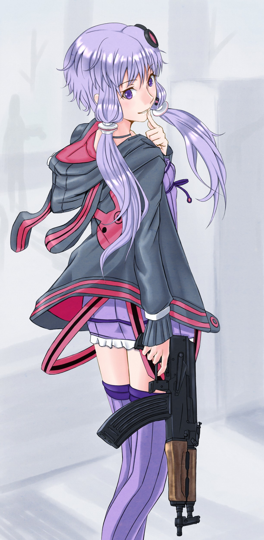 1girl absurdres amawa_kazuhiro breasts commentary_request dress eyebrows_visible_through_hair gun hair_ornament highres hood hoodie jacket long_hair looking_at_viewer purple_eyes purple_hair purple_legwear ribbed_sweater short_hair_with_long_locks sidelocks smile solo sweater thighhighs twintails voiceroid weapon yuzuki_yukari