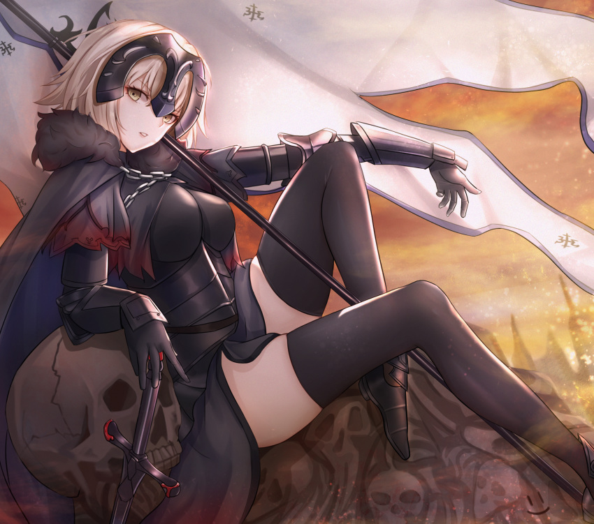 1girl ahoge armor armored_dress bangs black_dress black_legwear breasts cape chain commentary_request dress eyebrows_visible_through_hair fate/grand_order fate_(series) flag fur-trimmed_cape fur_collar fur_trim gauntlets headpiece highres jeanne_d'arc_(alter)_(fate) jeanne_d'arc_(fate)_(all) large_breasts reclining short_hair silver_hair skull smile_(dcvu7884) solo sword thighhighs tsurime weapon yellow_eyes yellow_sky