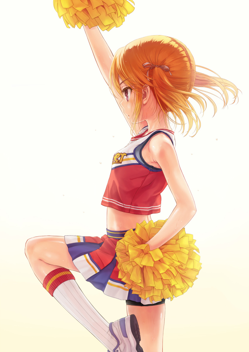 1girl alternate_hairstyle bare_shoulders bike_shorts brown_eyes cheerleader clothes_writing commentary_request cowboy_shot crop_top eyebrows_visible_through_hair gradient gradient_background hair_ribbon highres idolmaster idolmaster_cinderella_girls idolmaster_cinderella_girls_starlight_stage kneehighs leg_up midriff orange_hair parted_lips pom_poms profile ribbon shoes sidelocks skirt sneakers solo sweat takanashi twintails yuuki_haru