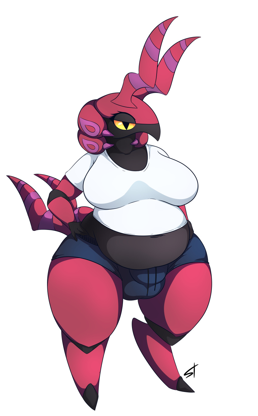 2019 absurd_res anthro arthropod belly big_breasts bottomwear breasts bulge clothing dickgirl hi_res intersex looking_at_viewer myriapod nintendo overweight pok&eacute;mon pok&eacute;mon_(species) scolipede shirt shorts slightly_chubby solo standing_tough t-shirt thick_thighs topwear video_games yellow_eyes