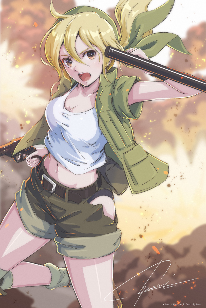 1girl absurdres bandana baton_(weapon) belt blonde_hair breasts crop_top explosion green_bandana green_vest gun handgun highres kasamoto_eri knee_pads metal_slug midriff navel open_clothes open_vest short_shorts shorts signature tyanoki utility_vest vest weapon