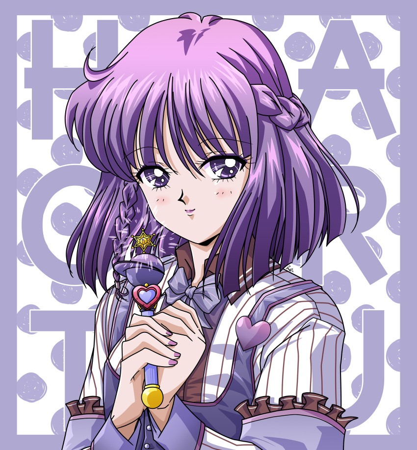 1girl absurdres bishoujo_senshi_sailor_moon border bow bowtie braid character_name closed_mouth fingernails gradient_hair half_updo highres holding holding_wand looking_at_viewer multicolored_hair purple_border purple_bow purple_eyes purple_hair purple_nails purple_theme riccardo_bacci saturn_symbol shirt short_hair smile solo tomoe_hotaru upper_body wand