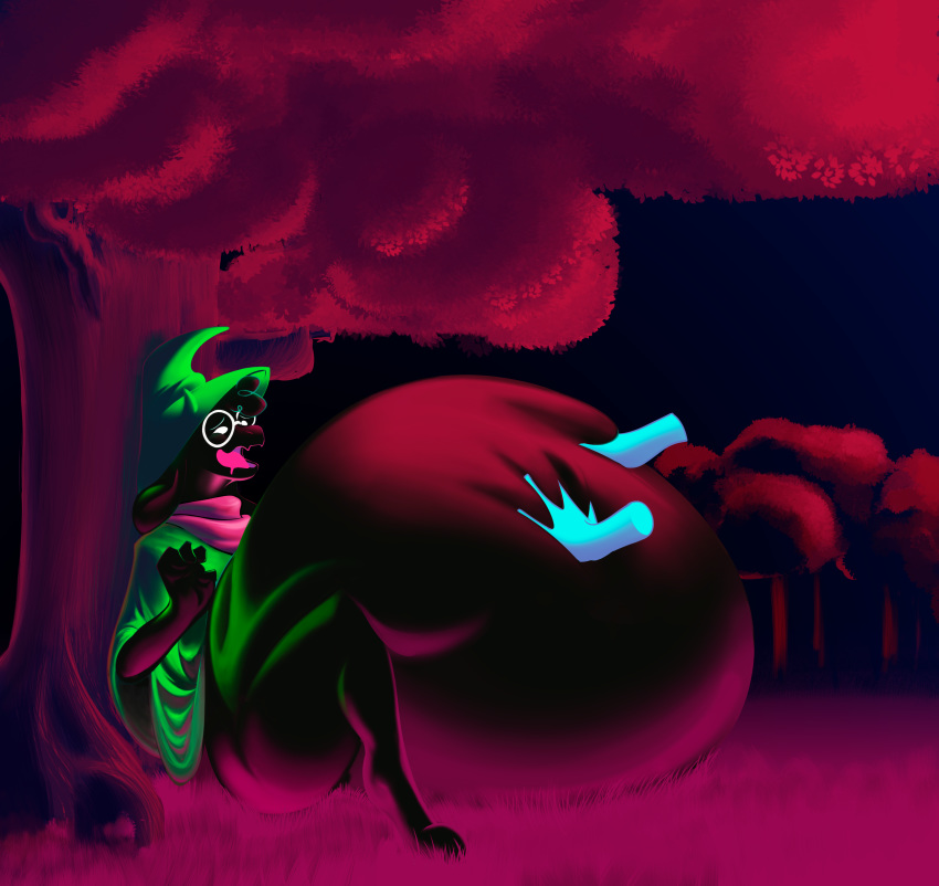 2019 absurd_res anthro barsfrommars belly belly_fondling big_belly black_fur bottomless bovid caprine clothed clothing deltarune digital_media_(artwork) disembodied_hand eyewear fondling fur glasses goat hat headgear headwear hi_res hyper hyper_belly kris_(deltarune) male male_pred mammal open_mouth outside ralsei rubbing sitting smile solo squish story tree video_games vore