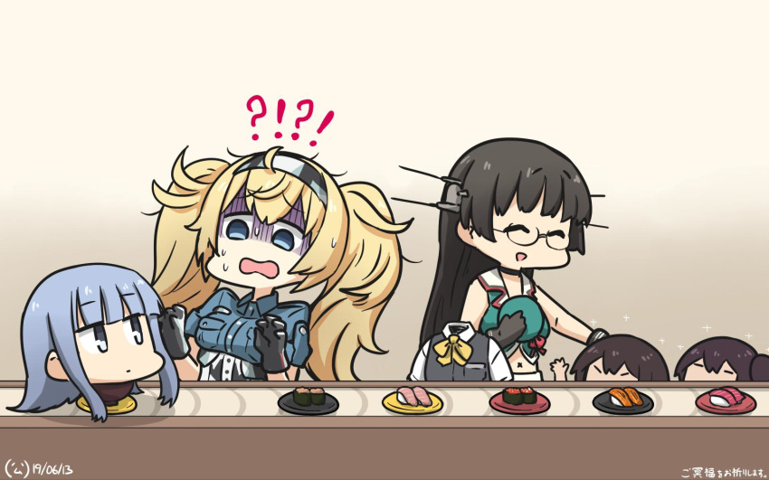 !? 5girls akagi_(kantai_collection) beret black_gloves black_hair blonde_hair blue_eyes blue_hair blue_shirt breast_pocket breasts choukai_(kantai_collection) collared_shirt commentary_request conveyor_belt dated disembodied_head food gambier_bay_(kantai_collection) glasses gloves hair_ornament hairband hamu_koutarou hat hatsukaze_(kantai_collection) headgear highres hime_cut kaga_(kantai_collection) kantai_collection large_breasts long_hair megahiyo_(style) midriff multiple_girls parody pocket remodel_(kantai_collection) rimless_eyewear shirt style_parody sushi translated twintails