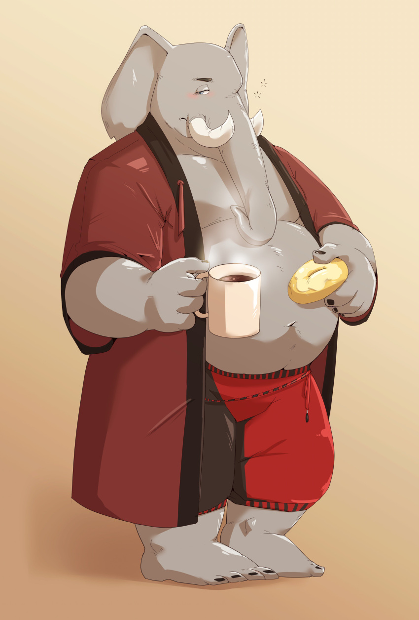 2019 absurd_res anthro belly beverage blush bottomwear clothing coffee doughnut elephant elephantid food grey_body hi_res humanoid_hands jumperbear male mammal navel overweight overweight_male proboscidean robe shorts solo tired
