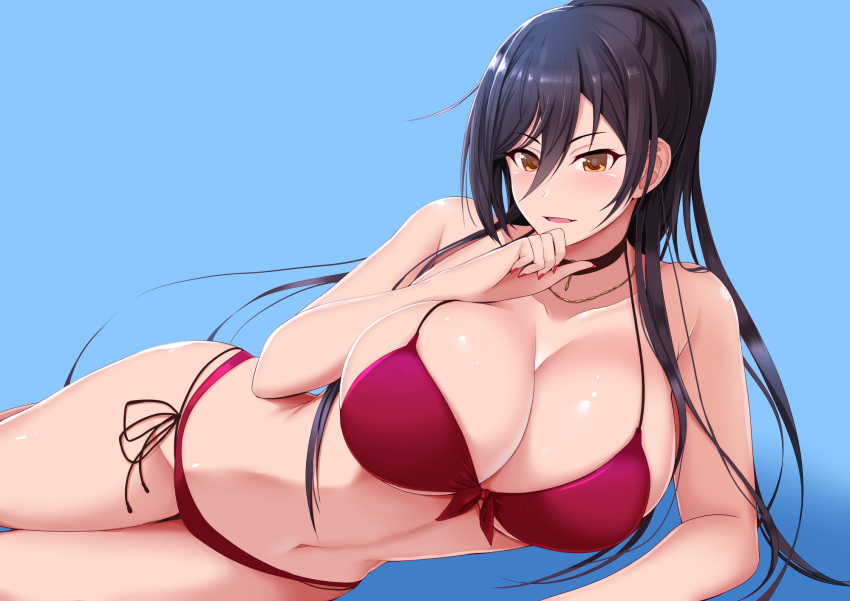 1girl bangs bare_shoulders bikini black_hair blush breasts choker cleavage collarbone commentary_request eyebrows_visible_through_hair gold hair_between_eyes highres idolmaster idolmaster_shiny_colors jewelry large_breasts long_hair looking_at_viewer lying moo_yoshio nail_polish necklace on_side open_mouth ponytail red_bikini red_nails shirase_sakuya side-tie_bikini sidelocks smile solo swimsuit thighs yellow_eyes