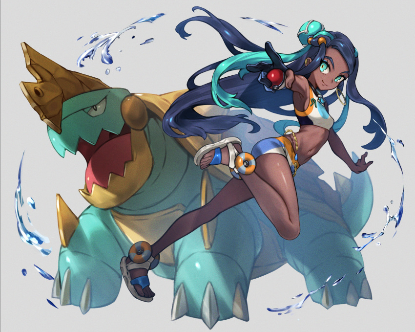 1girl absurdres aqua_eyes aqua_hair bike_shorts black_gloves blue_hair character_request closed_mouth commentary_request dark_skin earrings full_body gloves grey_background hair_bun highres holding holding_poke_ball honyaru_(nanairo39) hoop_earrings huge_filesize jewelry long_hair looking_at_viewer midriff multicolored_hair navel partly_fingerless_gloves poke_ball pokemon pokemon_(creature) pokemon_(game) pokemon_swsh rurina_(pokemon) sandals simple_background single_glove smile sports_bra sportswear two-tone_hair