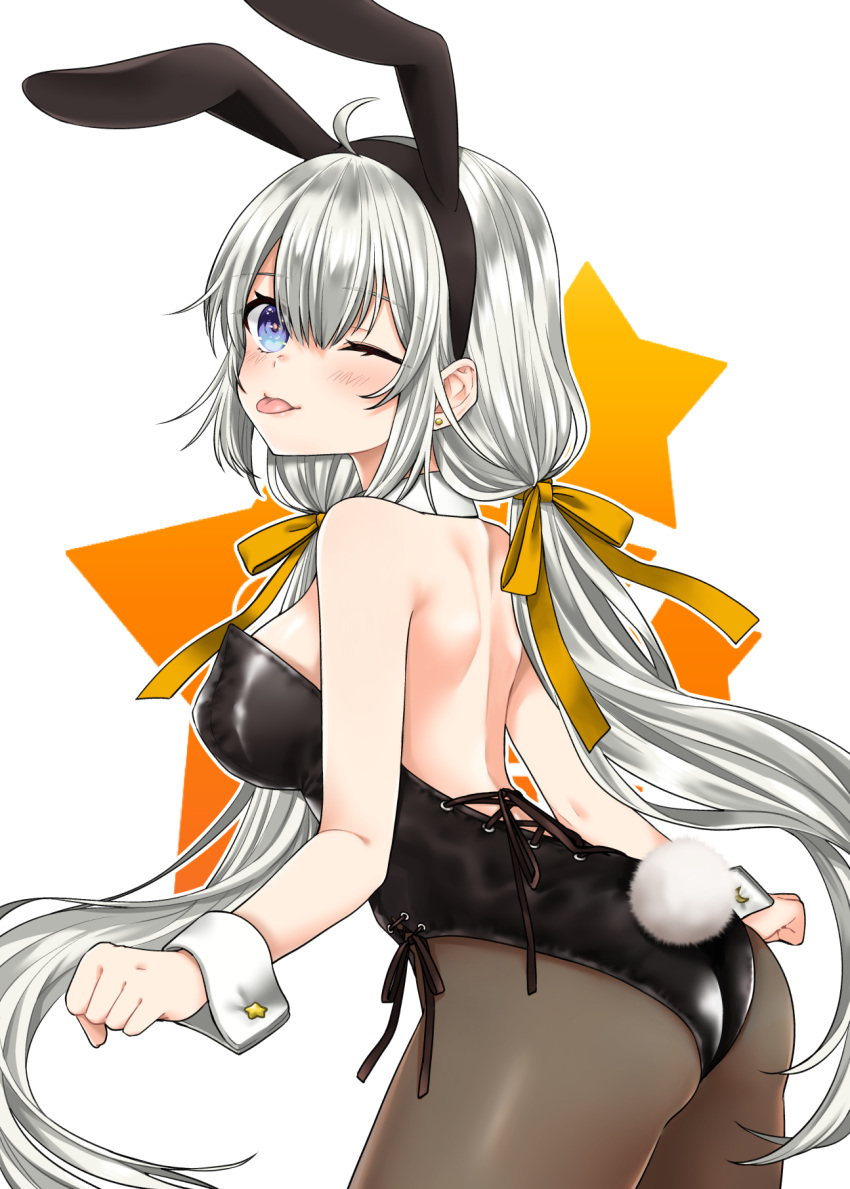 1girl animal_ears backless_outfit bangs black_hairband black_legwear black_leotard blue_eyes breasts bunny_ears bunny_girl bunny_tail bunnysuit cowboy_shot eyebrows_visible_through_hair fake_animal_ears fake_tail floating_hair hair_between_eyes hair_ribbon hairband highres kizuna_akari large_breasts leaning_forward leotard long_hair pantyhose ribbon sideboob silver_hair skskjogio2444 solo standing strapless strapless_leotard tail tongue tongue_out twintails very_long_hair voiceroid white_background wrist_cuffs yellow_ribbon