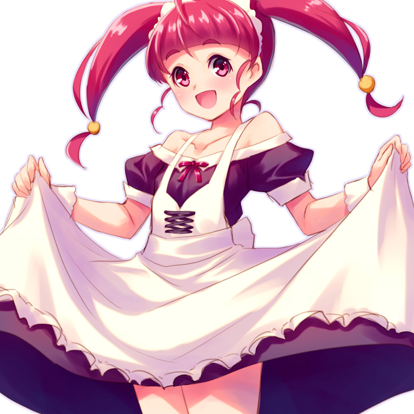1girl :d apron apron_hold bangs black_shirt black_skirt blunt_bangs collarbone cowboy_shot eyebrows_visible_through_hair flat_chest highres hoshina_hikaru long_hair maid_apron medium_skirt off-shoulder_shirt off_shoulder open_mouth precure red_eyes red_hair sayousuke shiny shiny_hair shirt short_sleeves simple_background skirt smile solo standing star_twinkle_precure twintails white_apron white_background wrist_cuffs
