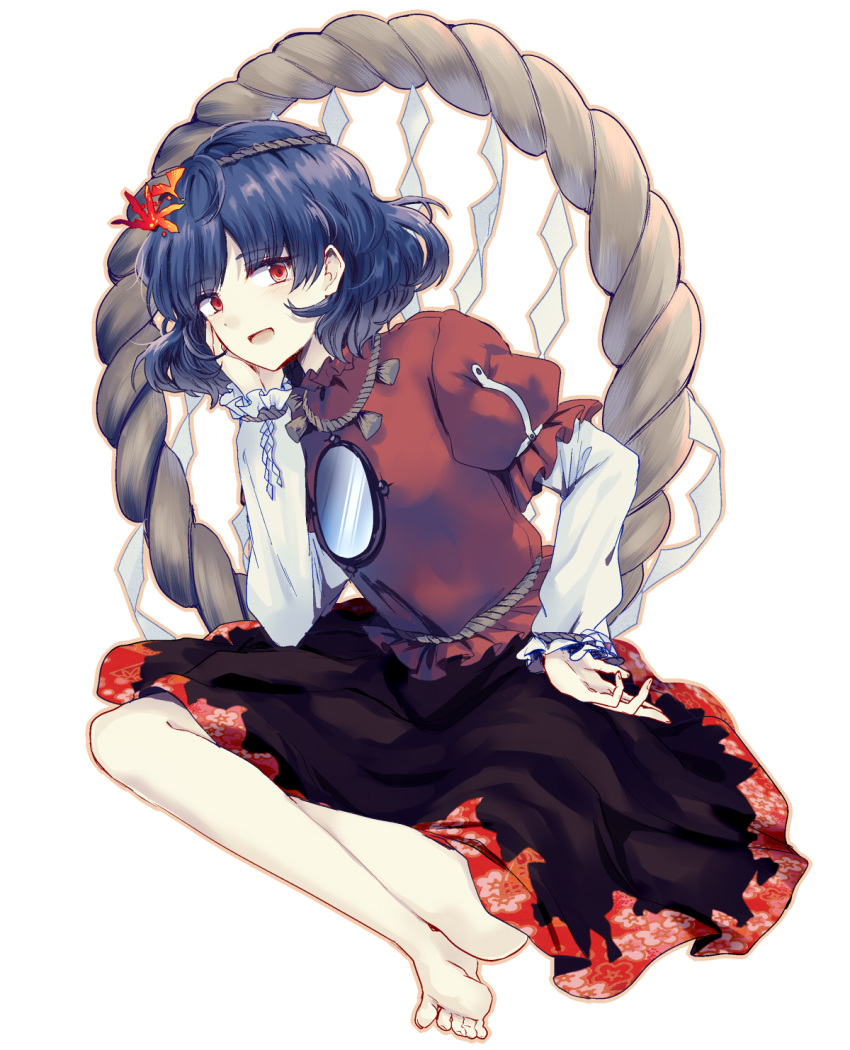 1girl :d bangs barefoot black_skirt blue_hair eyebrows_visible_through_hair floral_print hair_ornament hand_on_own_cheek hand_up highres indian_style leaf_hair_ornament long_sleeves looking_at_viewer mirror open_mouth puffy_short_sleeves puffy_sleeves red_eyes red_shirt rope shide shimenawa shirt short_hair short_sleeves simple_background sitting skirt smile solo touhou uranaishi_(miraura) white_background yasaka_kanako