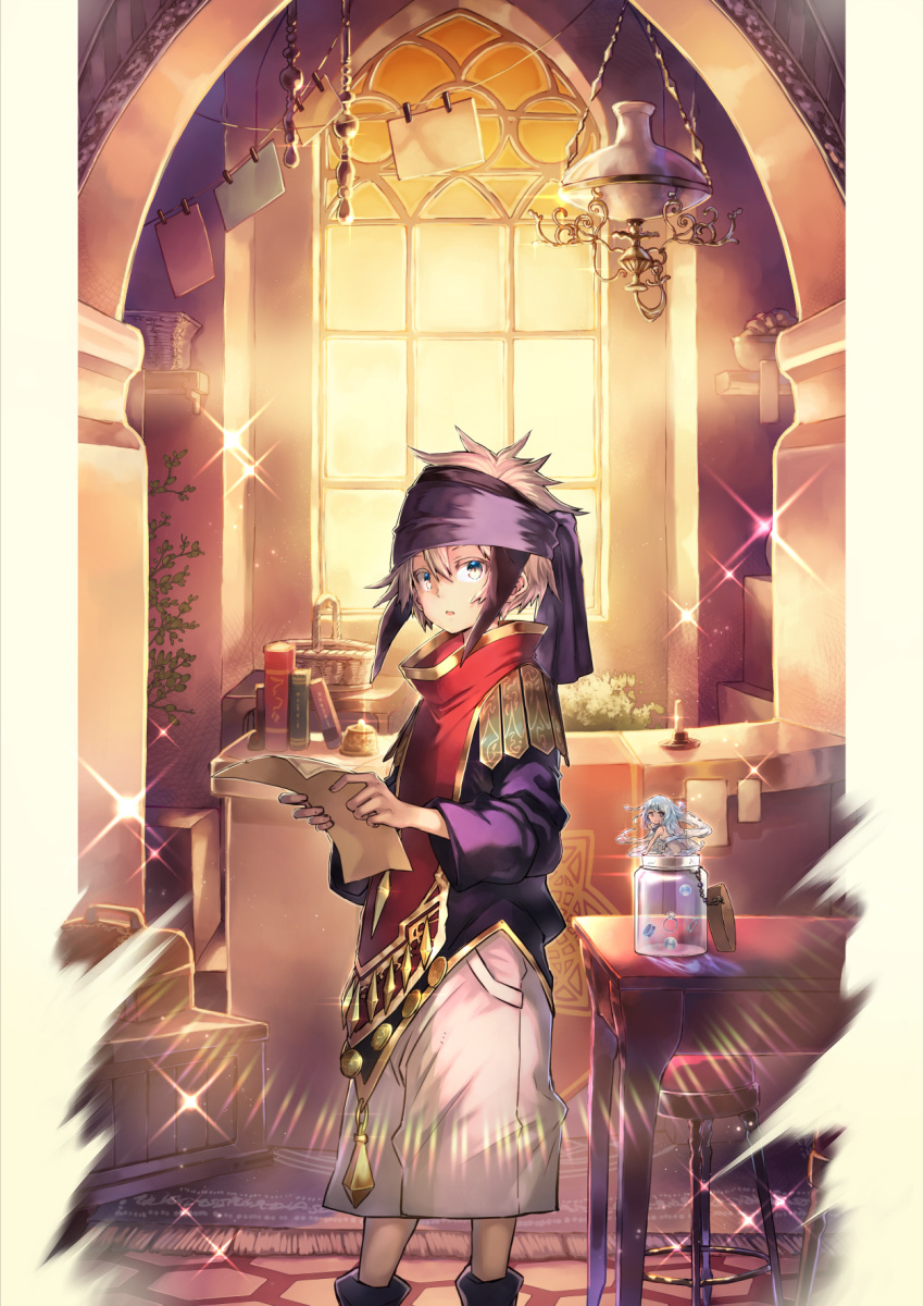 1boy 1girl :o basket blue_eyes blue_hair book boots border box brown_hair candle chair chandelier commentary_request headband hero_(merc_storia) highres holding holding_paper indoors jar jewelry long_hair long_sleeves looking_at_viewer merc_(merc_storia) merc_storia minigirl mito_itsuki open_mouth paper pearl_(gemstone) plant ring rug shorts table very_long_hair white_border window