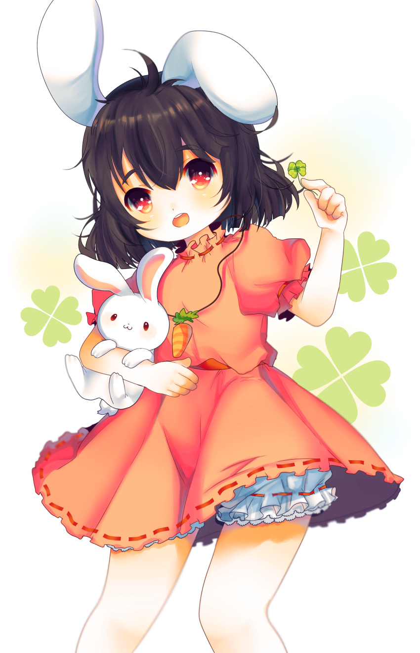 1girl :3 absurdres animal animal_ears black_hair bloomers buck_teeth bunny bunny_ears carrot_necklace clover contrapposto cropped_legs dress eyebrows_visible_through_hair flat_chest four-leaf_clover gradient gradient_background hair_between_eyes head_tilt highres holding holding_animal holding_clover inaba inaba_tewi looking_at_viewer lovefumiki open_mouth petticoat pink_dress puffy_short_sleeves puffy_sleeves red_eyes short_hair short_sleeves solo standing thick_eyebrows touhou underwear white_background