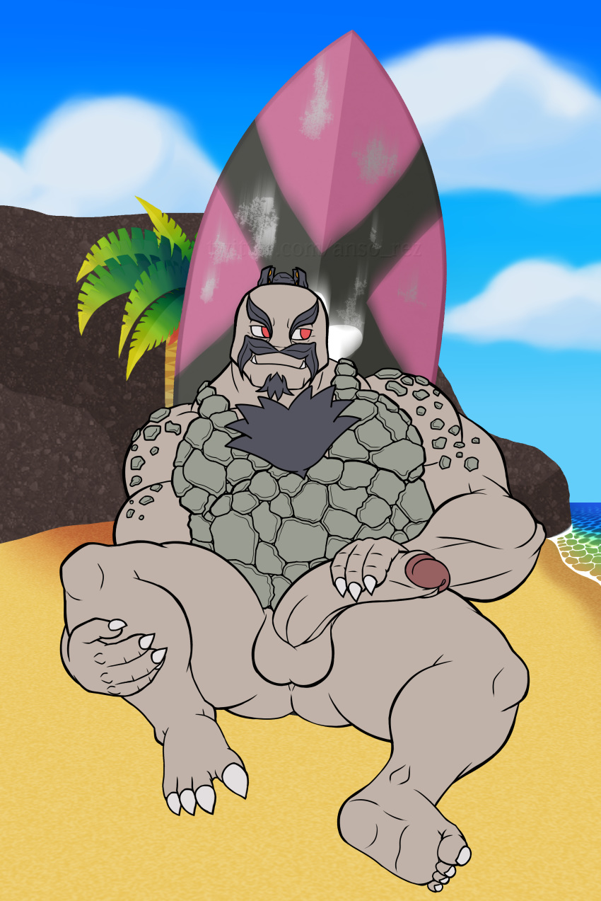 2019 absurd_res alolan_golem anso/rez anthro balls beach biceps big_balls big_penis body_hair butt chest_hair claws cloud digital_media_(artwork) eyebrows facial_hair goatee golem_(pok&eacute;mon) half-erect hand_on_penis hi_res humanoid_penis male mineral_fauna musclegut muscular muscular_male mustache nintendo nude outside palmtree pecs penis pok&eacute;mon pok&eacute;mon_(species) pok&eacute;morph red_eyes regional_variant rock sea seaside sitting sky slightly_chubby smile solo spreading surfboard teeth thick_eyebrows toes uncut video_games water