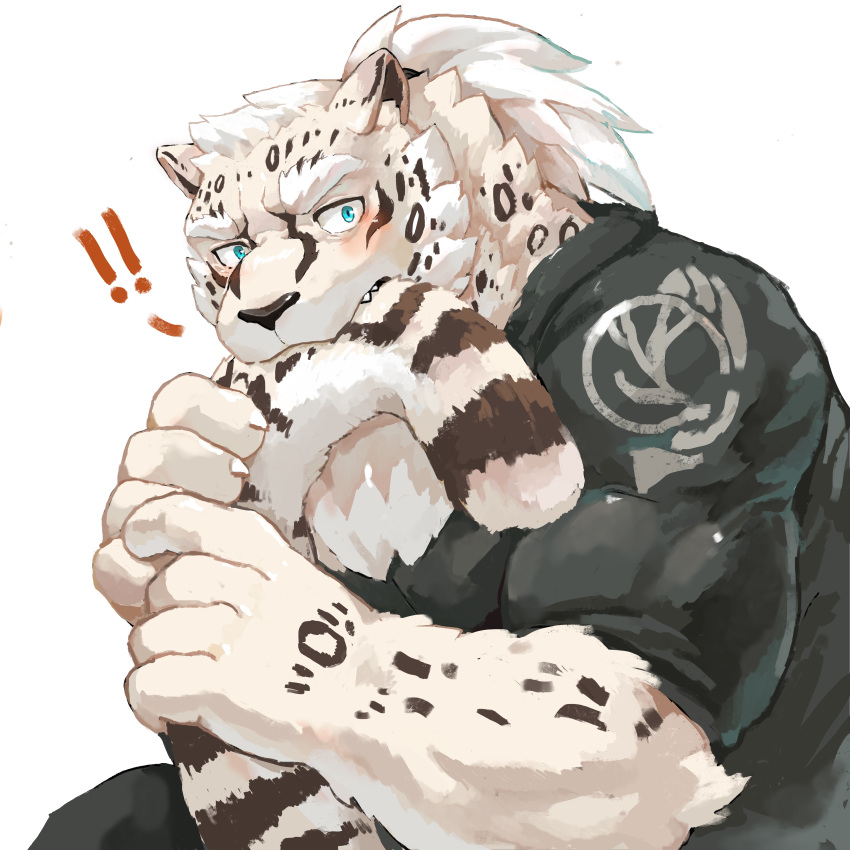 1:1 absurd_res bite blue_eyes clothed clothing felid hair hi_res male mammal mowang_yu pantherine simple_background solo tail_bite white_background white_hair