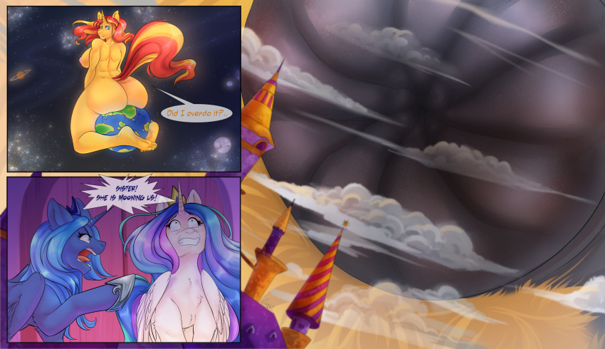 2019 anus arinadler breasts butt dialogue earth english_text equestria_girls equid feathered_wings feathers feet female feral friendship_is_magic hi_res horn humanoid_feet macro mammal my_little_pony nude open_mouth princess_celestia_(mlp) princess_luna_(mlp) sibling sister sisters space sunset_shimmer_(eg) text tongue unicorn winged_unicorn wings