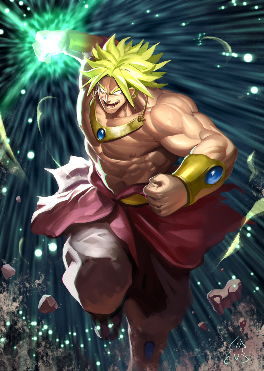 1boy blonde_hair bracer broly clenched_hand dragon_ball glowing glowing_hand highres jewelry jintetsu looking_at_viewer male_focus muscle no_pupils open_mouth pebble solo spiked_hair standing standing_on_one_leg