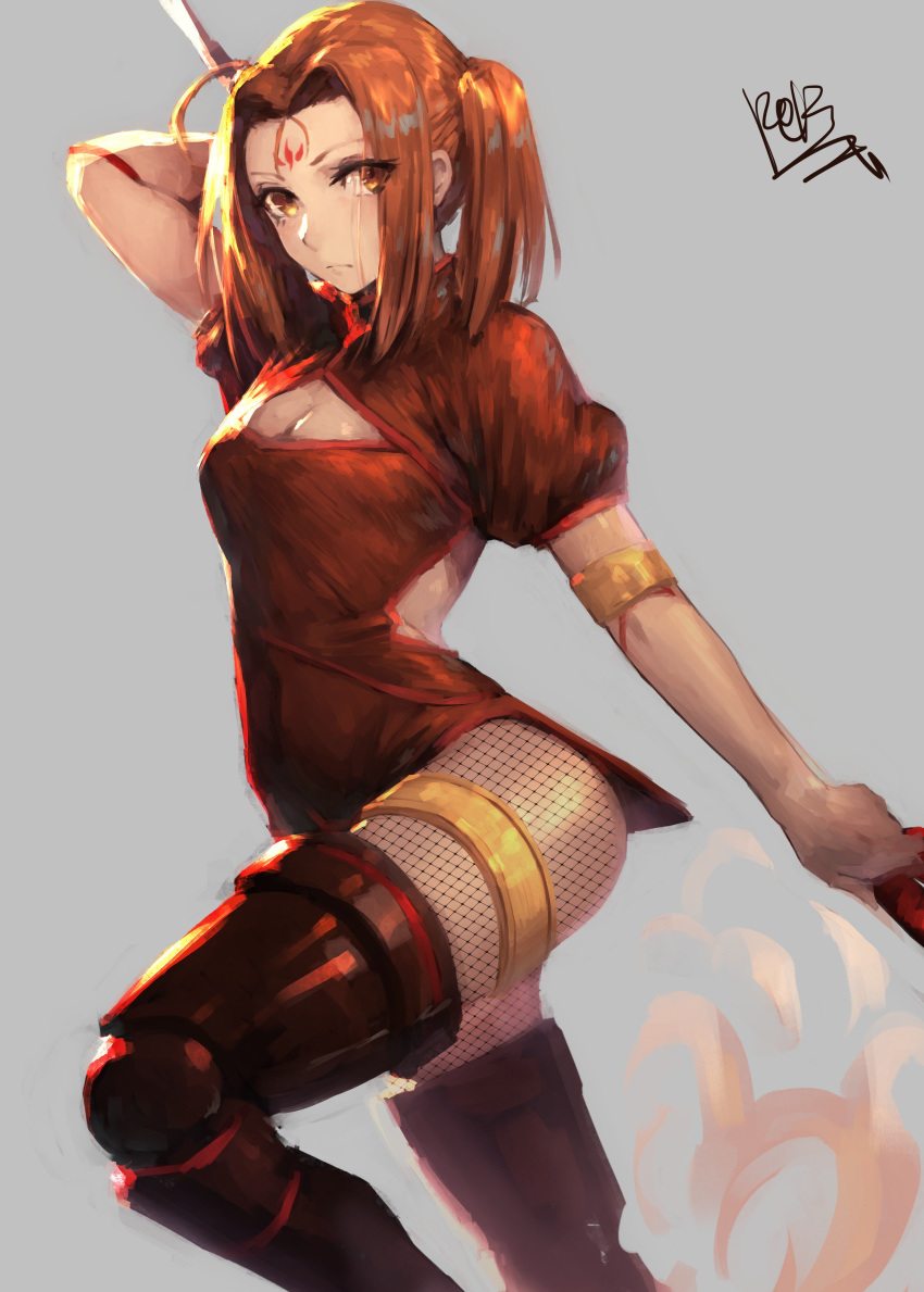 1girl absurdres ahoge armlet boots brown_eyes brown_hair china_dress chinese_clothes cleavage_cutout dress facial_mark fate/grand_order fate_(series) fishnet_pantyhose fishnets forehead_mark grey_background highres nezha_(fate/grand_order) pantyhose peperon_(peperou) polearm spear thigh_boots thighhighs thighlet twintails weapon