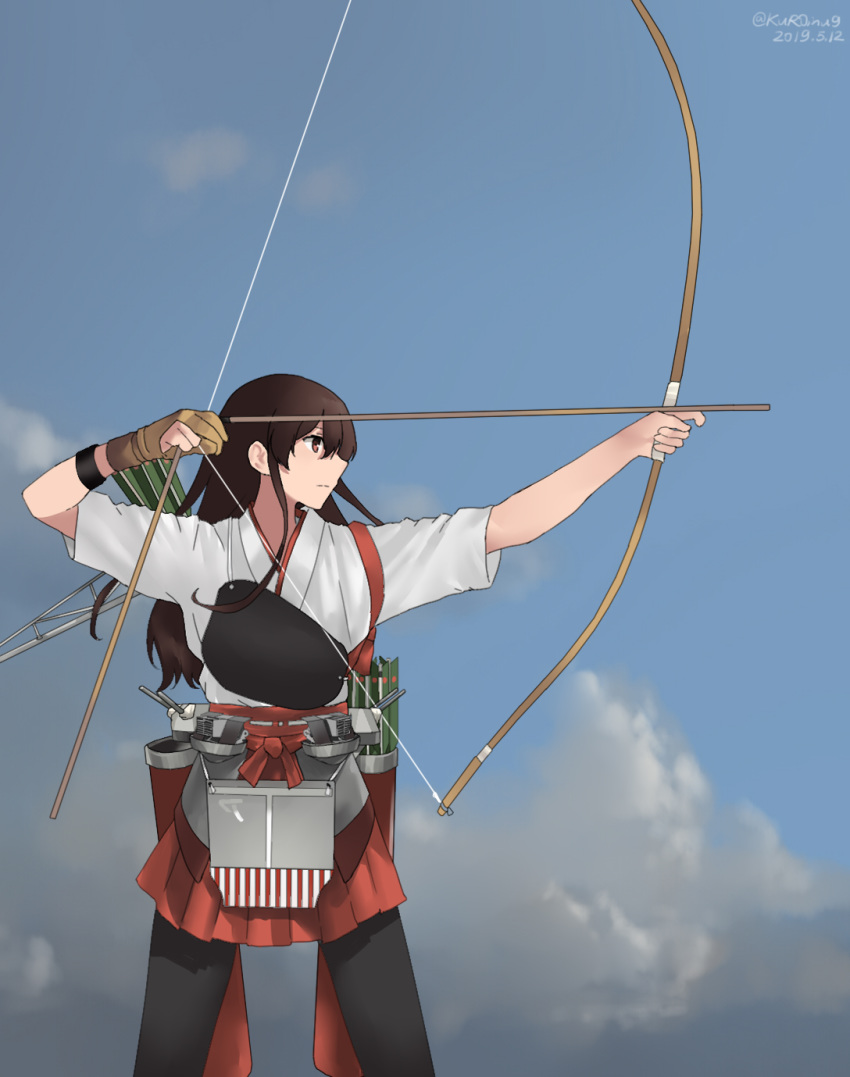 akagi_(kantai_collection) apron archery arrow bangs black_legwear bow_(weapon) brown_eyes brown_gloves brown_hair cloud cloudy_sky commentary_request cowboy_shot day flight_deck geta gloves hakama_skirt highres japanese_clothes kantai_collection kuroinu9 kyuudou long_hair long_sleeves machinery mast muneate nontraditional_miko outdoors partly_fingerless_gloves profile quiver red_skirt rigging single_glove skirt sky straight_hair tasuki thighhighs weapon