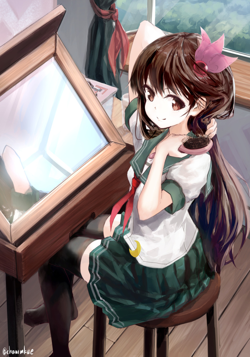 1girl absurdres black_legwear brown_eyes brown_hair chamu_(chammkue) commentary_request green_sailor_collar green_skirt hair_ornament highres kantai_collection kisaragi_(kantai_collection) long_hair looking_at_viewer mirror neckerchief pleated_skirt red_neckwear reflection remodel_(kantai_collection) sailor_collar school_uniform serafuku sitting skirt smile solo stool thighhighs twitter_username window