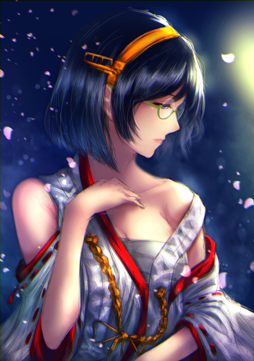1girl blue_hair breasts cherry_blossoms cleavage closed_mouth collarbone glasses green-framed_eyewear hairband half-closed_eyes highres kantai_collection kazu_(otonoki86) kirishima_(kantai_collection) large_breasts long_sleeves ribbon-trimmed_sleeves ribbon_trim sarashi semi-rimless_eyewear shiny shiny_hair short_hair solo under-rim_eyewear upper_body white_sleeves wide_sleeves yellow_hairband