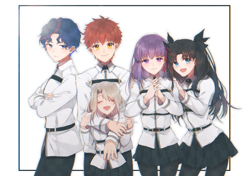 2boys 3girls :d absurdres bangs belt black_belt black_hair black_legwear black_pants black_skirt blue_eyes blue_hair brown_hair chaldea_uniform checkered checkered_legwear checkered_pants checkered_skirt closed_eyes closed_mouth cosplay crossed_arms emiya_shirou eyebrows_visible_through_hair fate/grand_order fate/stay_night fate_(series) fujimaru_ritsuka_(female) fujimaru_ritsuka_(female)_(cosplay) fujimaru_ritsuka_(male) fujimaru_ritsuka_(male)_(cosplay) hands_on_another's_shoulders hands_together highres hug hug_from_behind illyasviel_von_einzbern jacket long_hair long_sleeves looking_at_viewer marei_(mercy) matou_sakura matou_shinji miniskirt multiple_boys multiple_girls open_mouth pants pantyhose pleated_skirt purple_eyes purple_hair short_hair silver_hair skirt smile standing toosaka_rin white_background white_jacket yellow_eyes