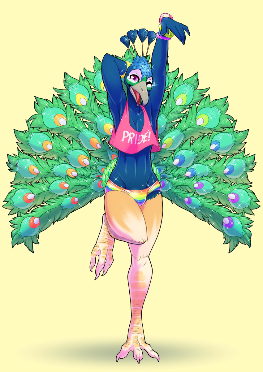 2019 absurd_res anthro avian beak bird blue_feathers bulge clothing crest feathers flamboyant galliform girly hi_res knucklebone lgbt_pride looking_at_viewer male midriff multicolored_clothing one_eye_closed one_leg_up open_beak open_mouth panties peacock_feather peafowl phasianid pink_eyes pride_colors rainbow rainbow_clothing rainbow_flag rainbow_flag_(pride) rainbow_symbol raised_leg slim solo tail_feathers talons underwear wink