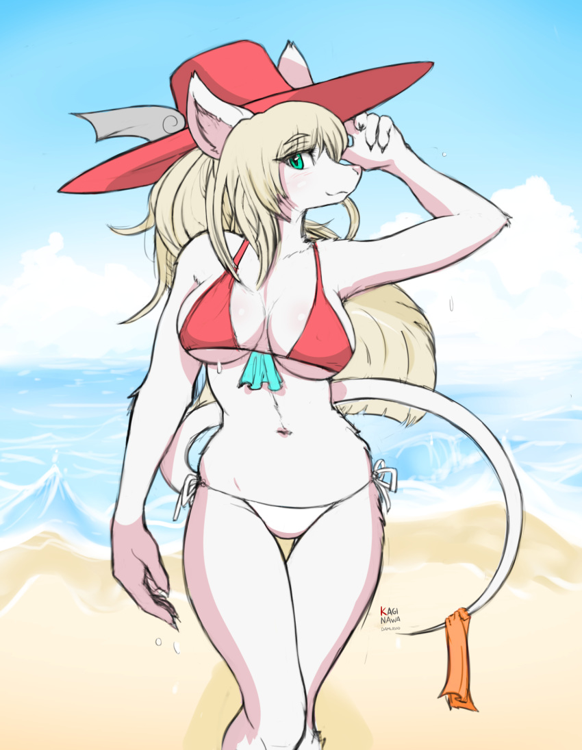 2019 beach bikini blonde_hair breasts burmecian clothing curvaceous damn_lasso_tool female final_fantasy final_fantasy_ix freya_crescent fur green_eyes hair hat headgear headwear hi_res mammal murid murine rat rodent sand sea seaside solo square_enix swimwear under_boob video_games water white_fur