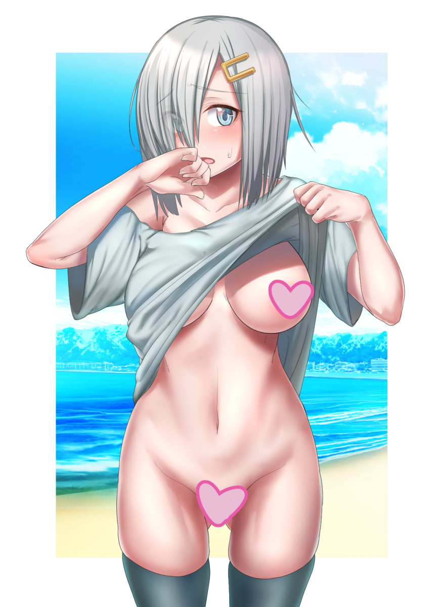 1girl arm_up ass_visible_through_thighs bare_shoulders beach black_legwear blue_eyes blue_sky blush bottomless breasts burusuta censored collarbone commentary_request covering_mouth cowboy_shot day eyebrows_visible_through_hair eyes_visible_through_hair grey_shirt hair_ornament hair_over_one_eye hairclip hamakaze_(kantai_collection) heart heart_censor highres kantai_collection large_breasts lifted_by_self mountainous_horizon naked_shirt navel no_bra ocean one_breast_out open_mouth outdoors shirt shirt_lift short_hair silver_hair sky solo stomach sweat thighhighs water