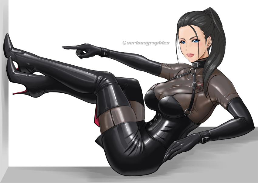 1girl bdsm black_hair blue_eyes bondage boots bound elbow_gloves gloves latex ponytail serious_graphics thigh_boots thighhighs