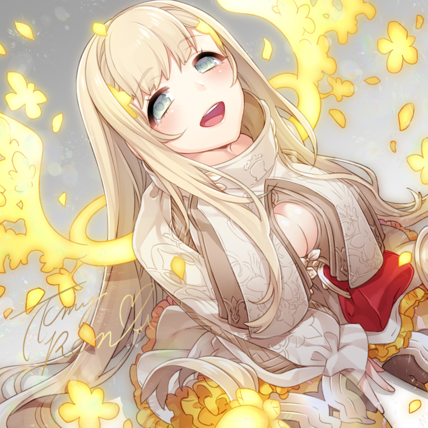 1girl :d absurdres aqua_eyes blonde_hair breasts cleavage_cutout commentary_request energy_wings eyebrows_visible_through_hair frills half-closed_eyes high_collar highres large_breasts long_hair looking_at_viewer open_mouth petals rapunzel_(sinoalice) signature sinoalice sitting smile takamiya_ren upper_teeth very_long_hair