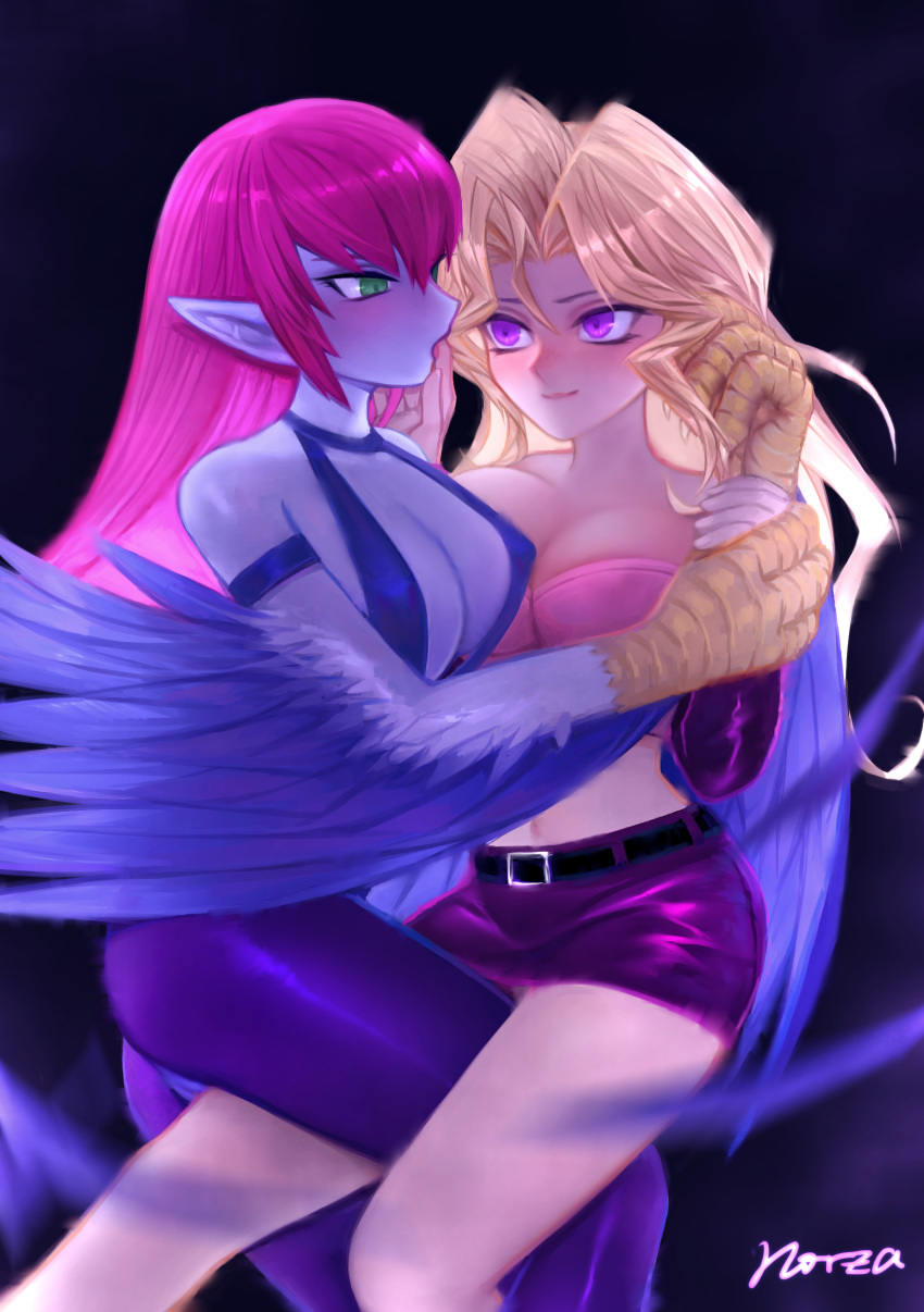 2girls absurdres artist_name bangs bare_shoulders belt between_legs black_background blonde_hair blue_skin breasts cleavage closed_mouth feathered_wings finger_in_another's_mouth green_eyes harpie_lady harpy highres holding_hands kujaku_mai long_hair looking_at_another midriff miniskirt monster_girl multiple_girls norza parted_bangs pink_hair pointy_ears profile purple_eyes purple_skirt skirt wings yuri yuu-gi-ou