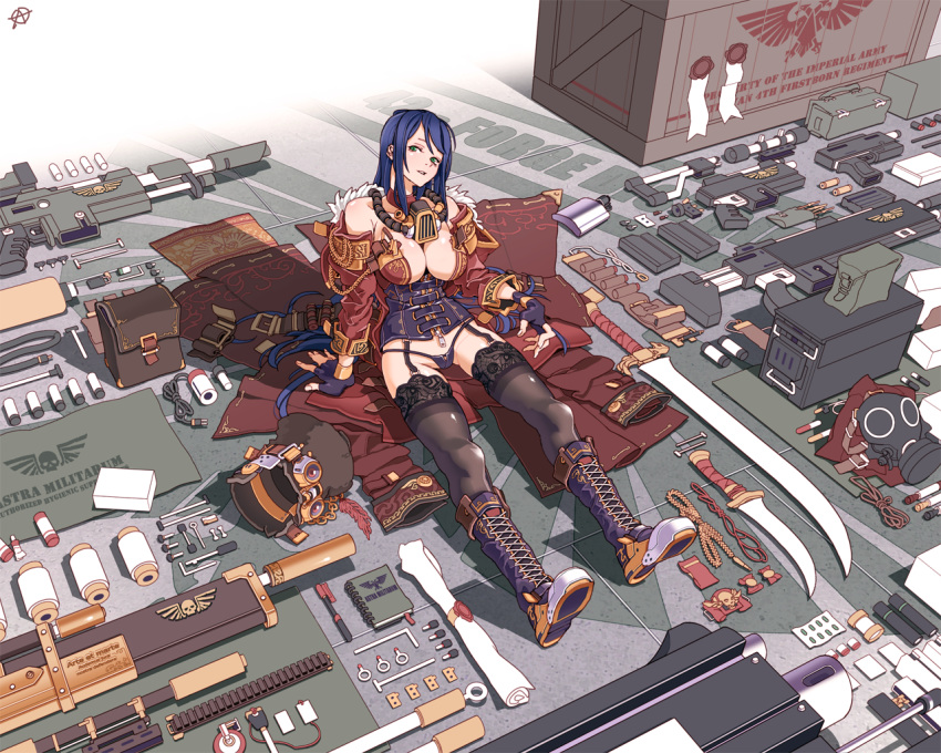 1girl aiguillette ammo_box ammunition assault_rifle bare_shoulders black_legwear blue_hair bolter boots breasts bullet circle_a crate detached_sleeves english_text fingerless_gloves fourragere garter_straps gas_mask gloves green_eyes gun handgun hat heavy_bolter imperial_guard knife large_breasts lasgun legs long_hair magazine_(weapon) military notebook panties pen pill pouch purity_seal rifle scope shako_cap signature sitting skull solo sword thighhighs underwear warhammer_40k weapon