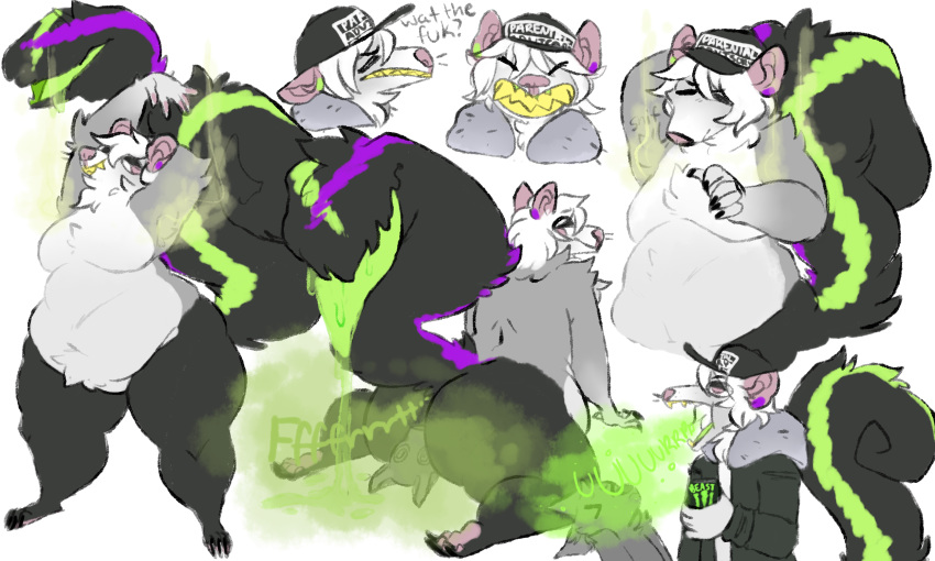 2019 anonymous anthro armipits artist bodily_fluids burping butt clothed clothing digital_media_(artwork) dolor_voidsong facesitting fart fur male mammal mephitid musk nude skunk_spray skunksum sniffing solo sweat