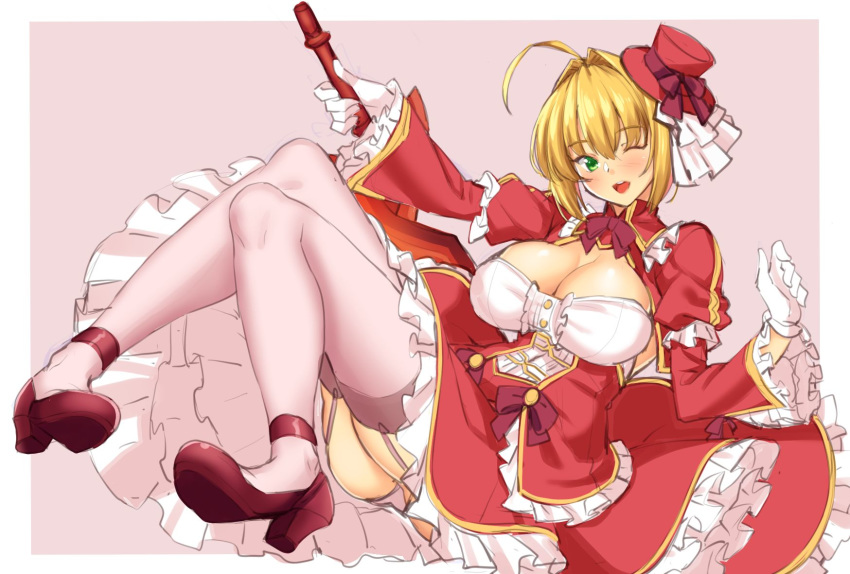 1girl ahoge blush braid breast_hold breasts cleavage dress eyebrows_visible_through_hair fate/extra fate/grand_order fate_(series) garter_straps gloves green_eyes hair_intakes hat highres large_breasts long_sleeves looking_at_viewer mini_hat nero_claudius_(fate) nero_claudius_(fate)_(all) one_eye_closed open_mouth puffy_long_sleeves puffy_sleeves red_dress red_footwear red_headwear red_nails shirokuma_a smile solo thighhighs white_gloves white_legwear