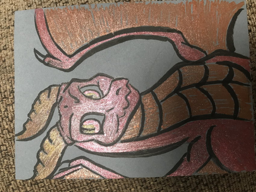 4:3 absurd_res bust_portrait card claws dragon feral glistening hi_res horn klaora male marker_(artwork) membrane_(anatomy) membranous_wings owo portrait quadruped red_eyes red_scales scales scalie sketch slit_pupils smile solo traditional_media_(artwork) wings