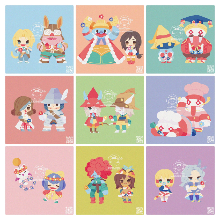 3others 6+boys 6+girls adelbert_steiner animal_ears baku_(ff9) beard beatrix_(ff9) black_mage_(final_fantasy) blonde_hair blue_background blue_hair bow brahne_raza_alexandros_xvi brown_hair chef_hat chibi closed_eyes closed_mouth creature curly_hair dark-skinned_female dark_skin dreadlocks eiko_carol eyepatch facial_hair feather_hair_ornament feathers final_fantasy final_fantasy_ix flower fratley freija_crescent garnet_til_alexandros_xvii glowing glowing_eyes goggles green_background green_eyes grey_hair hair_bow hair_ornament hair_over_eyes hair_over_one_eye hat helmet highres holding holding_flower horns kuja lani_(ff9) long_hair low-tied_long_hair me_me_cry mikoto_(ff9) monkey_tail moogle multiple_boys multiple_girls multiple_others one_eye_covered open_mouth orange_background overalls pink_background purple_background quina_quen red_background red_hair red_hat salamander_coral short_hair single_horn smile tail tongue tongue_out vivi_ornitier winged_helmet yellow_background yellow_bow yellow_overalls zidane_tribal