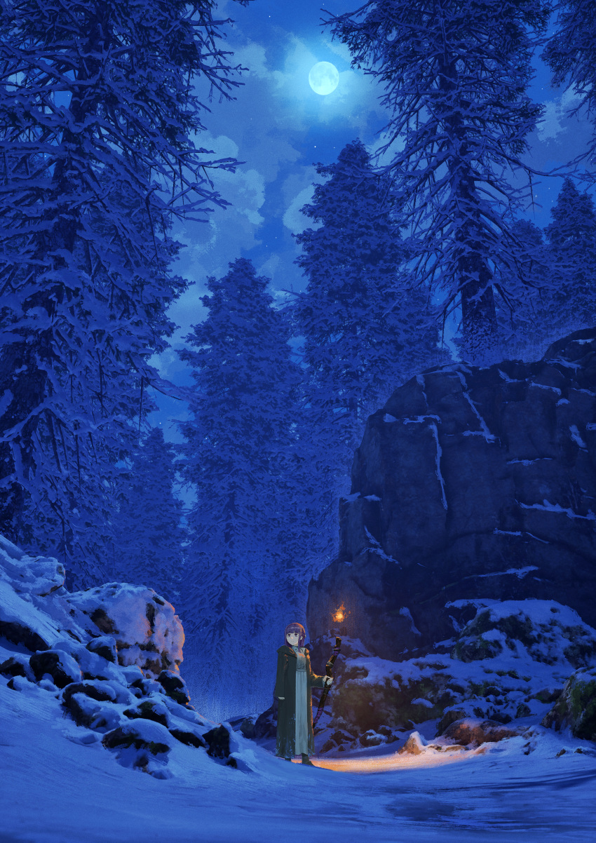 1girl absurdres black_robe cloud cloudy_sky dress fern_(sousou_no_frieren) fire fujidora_jp full_moon highres holding holding_staff long_hair mage_staff moon night outdoors purple_eyes purple_hair robe scenery sky snow solo sousou_no_frieren staff standing tree white_dress
