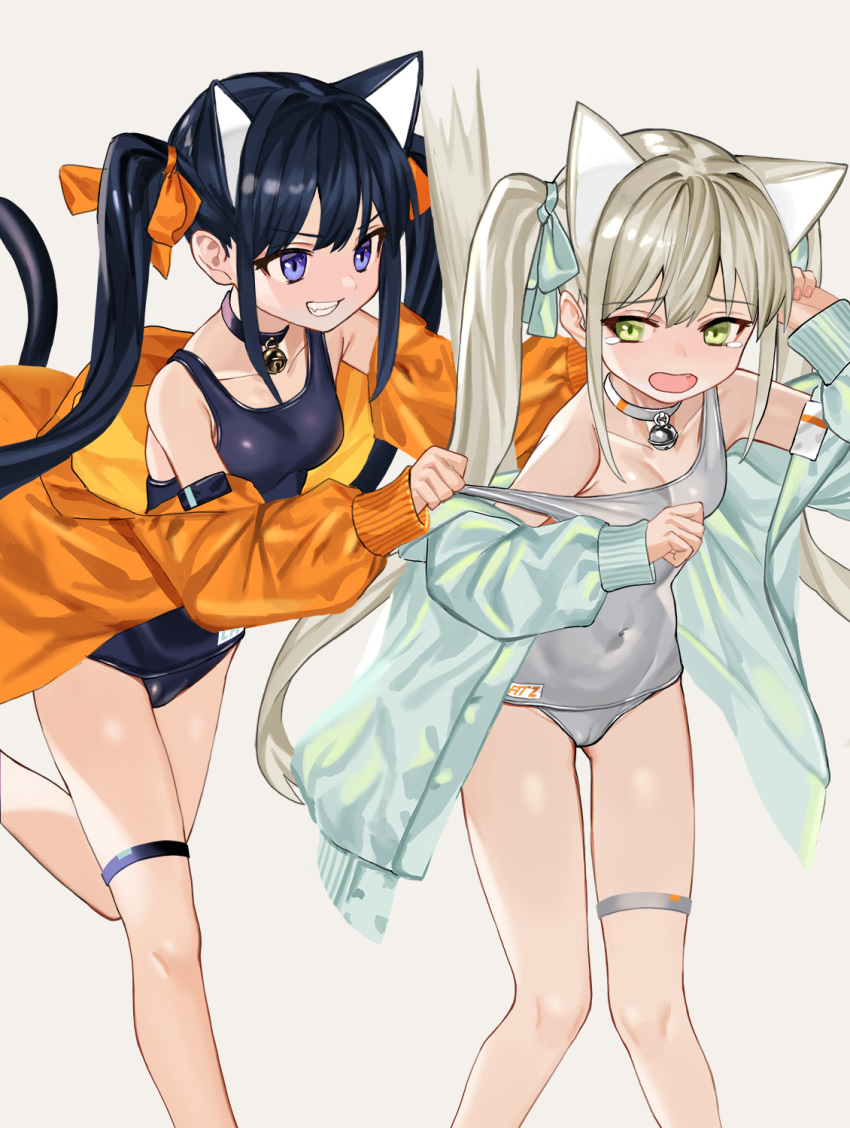 2girls animal_ears bangs bell bell_choker black_swimsuit blue_eyes cat_ears cat_tail choker collarbone covered_navel dark_blue_hair green_eyes hair_ribbon highres jacket light_brown_hair long_hair luicent multiple_girls off_shoulder old_school_swimsuit one-piece_swimsuit open_mouth original ribbon school_swimsuit swimsuit tail teeth thigh_strap twintails white_choker white_school_swimsuit white_swimsuit