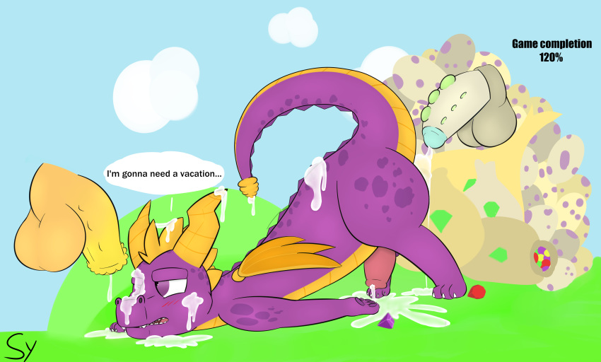 absurd_res balls blush bodily_fluids cum cum_in_ass cum_inside cum_on_face dragon egg english_text erection feral genital_fluids hi_res horn male male/male outside penis purple_eyes sketchyyvun spyro spyro_the_dragon text video_games wings young