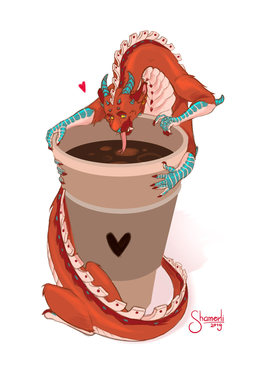&lt;3 2019 asian_mythology beverage coffee dragon east_asian_mythology eastern_dragon fangs felid feline feral fur furred_dragon hunlar hybrid mammal micro mythology shamerli solo