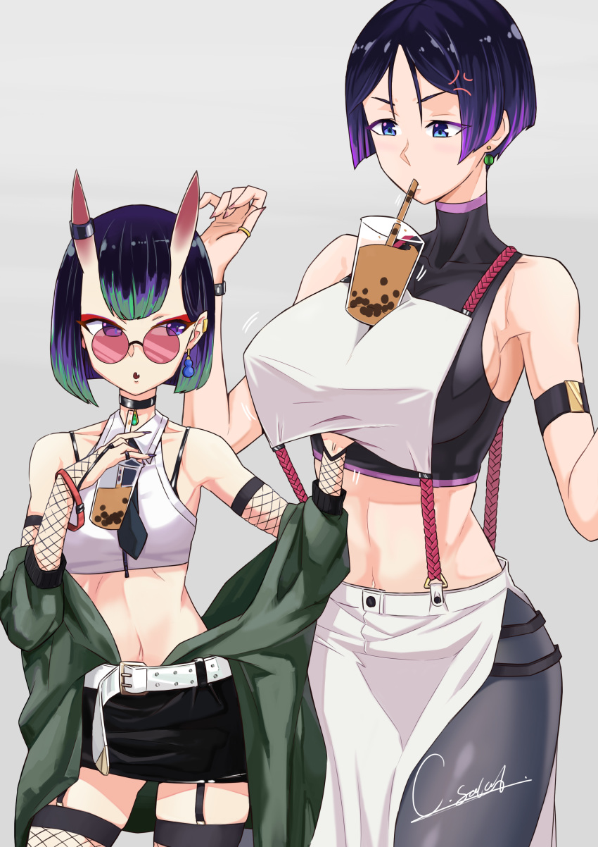 2girls absurdres alternate_hair_length alternate_hairstyle anger_vein armlet artist_name bangs bare_shoulders belt black_shirt black_skirt blue_eyes bob_cut bracelet breasts bridal_gauntlets bubble_tea bubble_tea_challenge caesar_salad casual choker collarbone cowboy_shot cup drink ear_piercing earrings eyeliner eyeshadow fang fate/grand_order fate_(series) fishnet_armwear garter_straps gourd green_earrings green_jacket grey_background hand_under_clothes hands_up highlights highres holding holding_cup horn_ring horns jacket jewelry large_breasts long_skirt looking_at_another makeup meme midriff minamoto_no_raikou_(fate/grand_order) miniskirt multicolored_hair multiple_girls necktie object_on_breast off_shoulder oni oni_horns parted_bangs piercing purple_eyes purple_hair ring round_eyewear shirt short_eyebrows short_hair shuten_douji_(fate/grand_order) side_slit signature simple_background single_earring skirt sleeveless sleeveless_shirt spandex stud_earrings sunglasses suspenders tabard thumb_ring tight_shirt white_belt white_shirt white_skirt