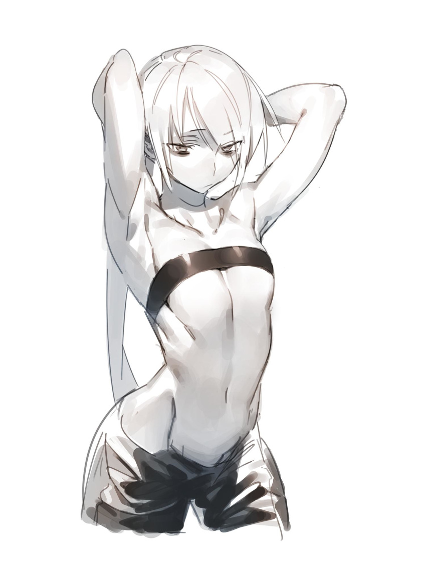 1girl amrkdrw highres long_hair monochrome original pale_skin pants sketch solo topless white_background white_hair white_skin