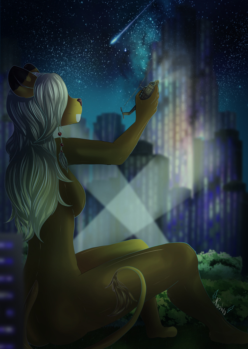 2019 absurd_res aircraft anthro breasts brenna butt city digital_media_(artwork) felid female hair helicopter hi_res huey lion long_hair macro mammal mane micro naahva night nude outside pantherine side_boob smile solo star