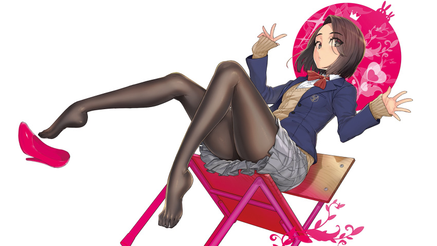 1girl aikawa_ren ayaki bangs beige_cardigan black_legwear blazer blue_jacket breasts brown_eyes brown_hair chair collared_shirt end_card eyebrows_visible_through_hair eyes_visible_through_hair feet grey_skirt high_heels highres jacket long_sleeves looking_at_viewer miru_tights no_shoes official_art open_mouth pantyhose pink_footwear pleated_skirt red_neckwear school_uniform shirt shoes_removed short_hair simple_background sitting skirt solo thighband_pantyhose white_background