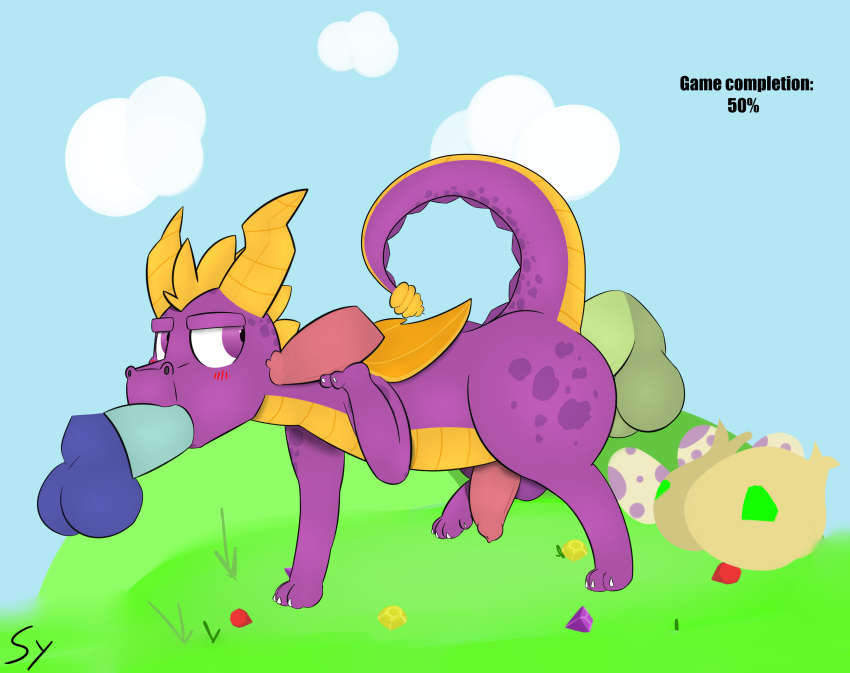 absurd_res anal annoyed blush disembodied_penis egg erection feral hi_res horn male male/male oral outside penis purple_eyes sketchyyvun spyro spyro_the_dragon video_games wings