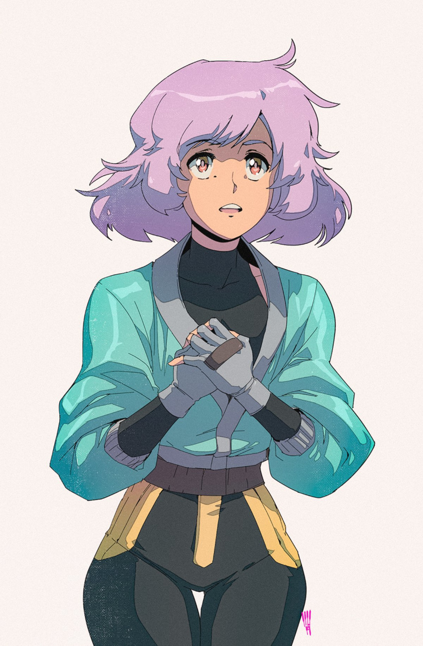 1girl 80s bodysuit collarbone david_liu fingerless_gloves gloves green_jacket grey_background hands_clasped highres jacket lavender_hair oldschool own_hands_together pi_(space_maria) red_eyes short_hair solo space_maria thigh_gap wide_hips