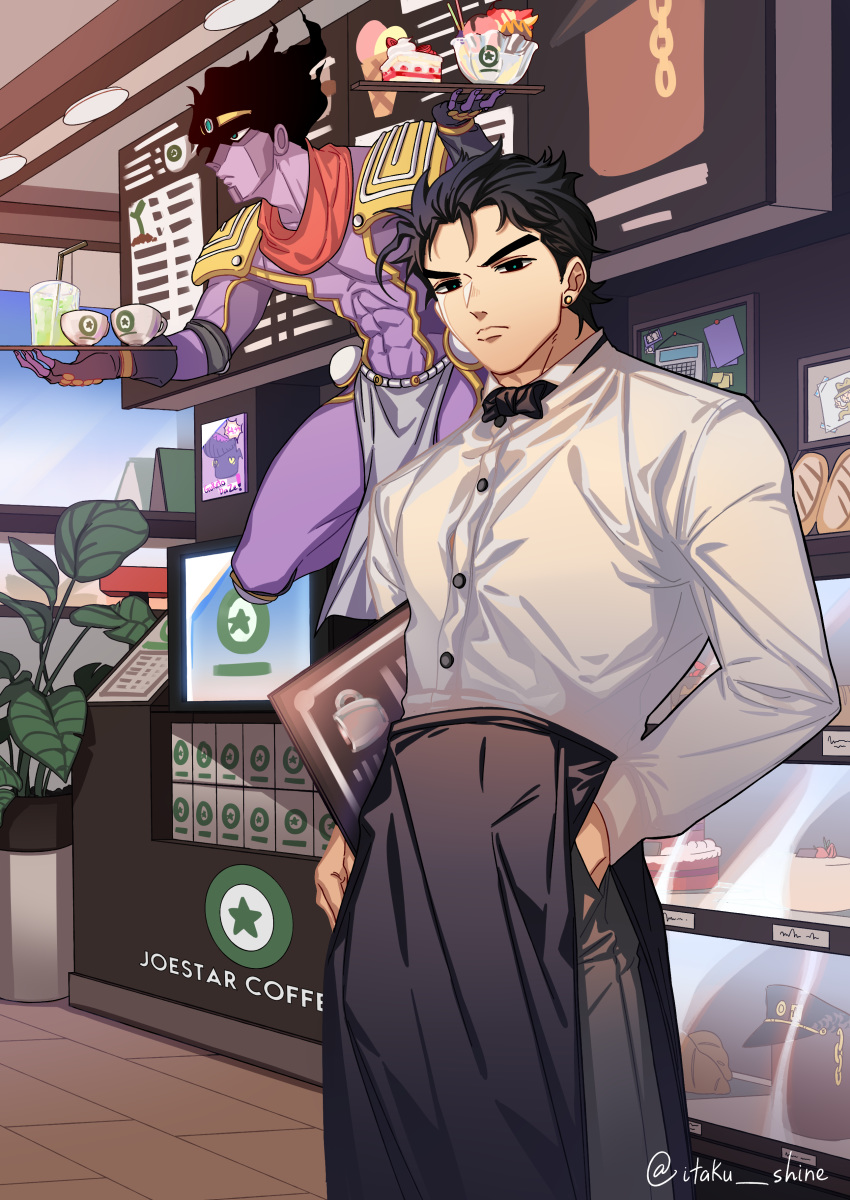1boy abs absurdres barista bow bowtie cake ceiling chain coffee coffee_shop day display_case food frown gold_chain hand_in_pocket hat hat_removed headwear_removed highres holding holding_tray ice_cream indoors itaku_shine jojo_no_kimyou_na_bouken kuujou_joutarou logo loincloth looking_at_viewer menu messy_hair mundane_utility no_hat no_headwear plant potted_plant shirt shop signature stand_(jojo) star_platinum tray waiter white_shirt