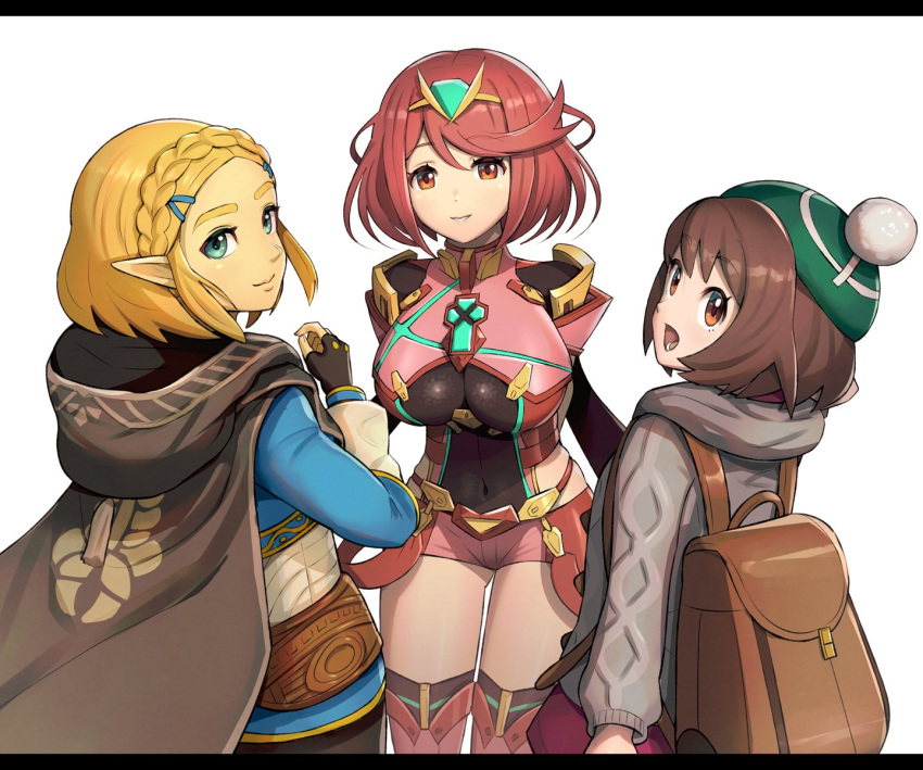 backpack bag bangs blonde_hair braid breasts brown_eyes brown_hair cape cardigan covered_navel crossover crown_braid dress earrings female_protagonist_(pokemon_swsh) fingerless_gloves gem gloves gonzarez green_headwear grey_cardigan hair_ornament hairclip hat headpiece highres homura_(xenoblade_2) jewelry long_sleeves looking_at_viewer open_mouth parted_bangs pink_dress pointy_ears pokemon pokemon_(game) pokemon_swsh princess_zelda red_eyes red_hair red_shorts short_hair shorts shoulder_armor smile super_smash_bros. swept_bangs tam_o'_shanter the_legend_of_zelda the_legend_of_zelda:_breath_of_the_wild the_legend_of_zelda:_breath_of_the_wild_2 thick_eyebrows tiara xenoblade_(series) xenoblade_2