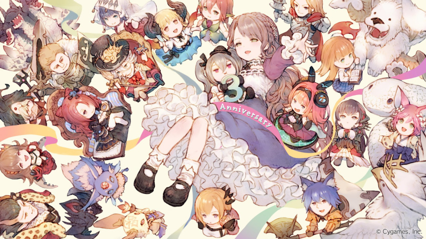 6+boys 6+girls android animal_ears anne_(shingeki_no_bahamut) anniversary arcus armor arthur_(granblue_fantasy) axe azi_dahaka_(shadowverse) bat bat_wings bird black_hair blonde_hair blue_hair book brown_hair carbuncle_(granblue_fantasy) ceres_(shingeki_no_bahamut) check_character chimera claws couch crossed_legs crown cygames darkfeast_bat dragon dragon_girl dress eagle elysian_saint-hares facial_mark flauros_(shadowverse) forehead_jewel forehead_mark fox_ears frilled_dress frills fur_trim galmieux_omen_of_disdain garuda_(granblue_fantasy) giant_chimera gilnelise_omen_of_craving gremory_(shadowverse) hair_ornament hat highres horns latham lishenna_omen_of_destruction lococo_little_puppeteer luxglaive_bayle mary_janes microphone mono_garnet_rebel multiple_boys multiple_girls multiple_heads n.a. octrice_omen_of_usurpation orange_hair orchis over_shoulder pink_hair polearm poseidon_(shadowverse) prophetess_of_creation red_hair shadowverse shield shoes snake stuffed_toy sword sword_over_shoulder tenko_(shadowverse) top_hat trident veil weapon weapon_over_shoulder white_hair white_snake wings yggdrasil_(granblue_fantasy)